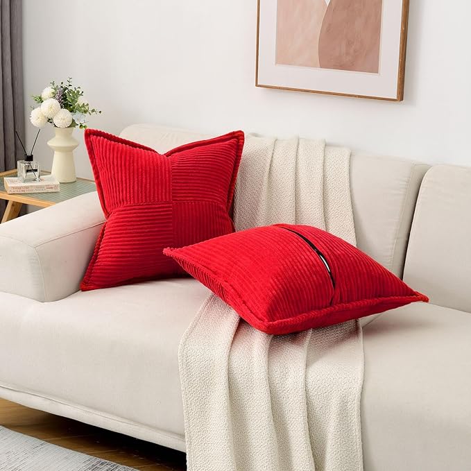HAUSSY Red Throw Pillow Covers 22x22 Inch Set of 2, Soft Corduroy Solid Striped,Square Decorative Cushion Case,Winter Home Decorations for Couch,Bed