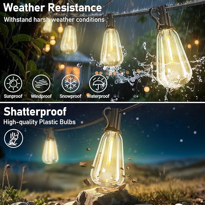 Solar String Lights Outdoor Waterproof 100FT with Remote and 52 ST38 LED Shatterproof Edison Bulbs, Timer, Dimmable Solar Patio String Lights with USB Charging for Backyard, Garden, Camping, Weddings