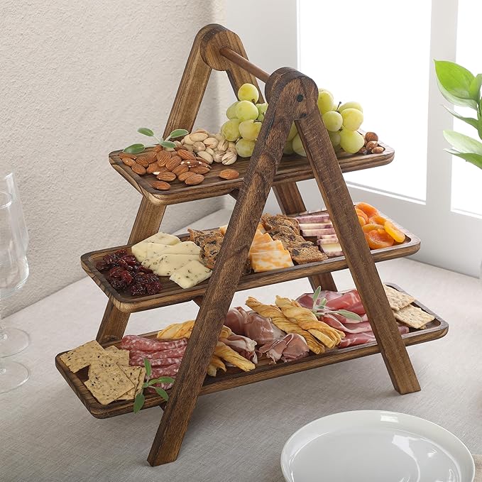 Gibson Home Truss Peak 3 Tier Serving Tray for Party, 18" Acacia Wood Cupcake/Charcuterie/Dessert Farmhouse Tiered Platters with Collapsible Wood Rack