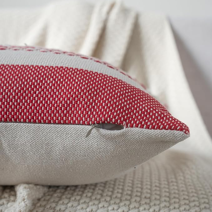 Christmas Pillow Covers 18x18 Inch Set of 2, Red Textured Boho Christmas Decorative Couch Pillow Cases for Farmhouse Home Decor, Accent Cushion Cover for Sofa, Bed, Living Room, Bedroom