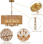 20" Hand-Woven Rattan Chandelier 6-Light Vintage Farmhouse Boho Bamboo Golden Chandelier Light Fixture Retro Drum Wicker Gold Chandeliers for Dining Room, Kitchen, Living Room, E12