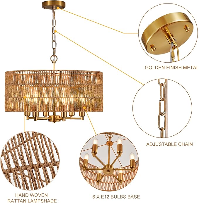 20" Hand-Woven Rattan Chandelier 6-Light Vintage Farmhouse Boho Bamboo Golden Chandelier Light Fixture Retro Drum Wicker Gold Chandeliers for Dining Room, Kitchen, Living Room, E12