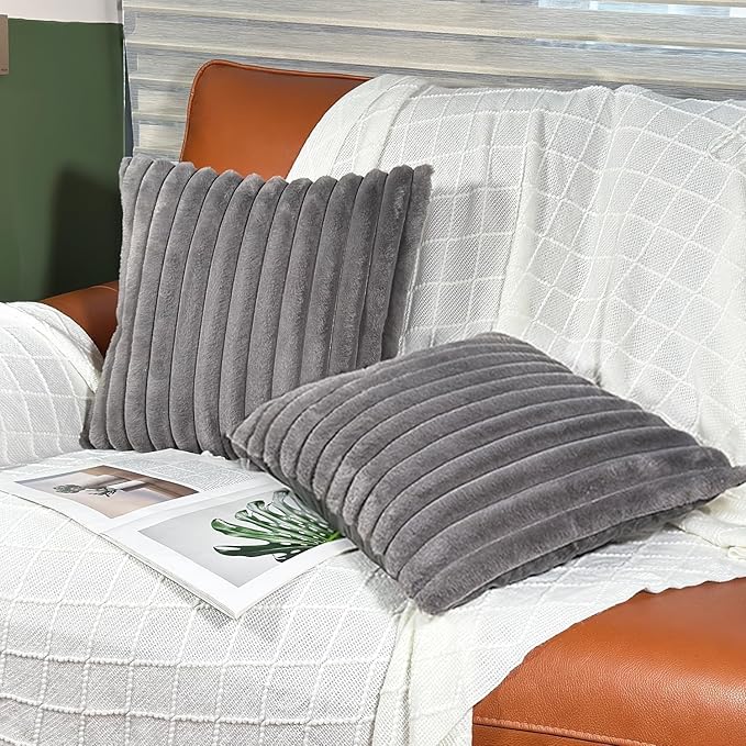 24x24 Pillow Covers, Decorative Faux Fur Throw Pillow Covers for Couch, Sofa Soft Fluffy Pillow Cover with Velvet Back for Living Room, Neutral Home Décor Accent for Bed - Dark Gray