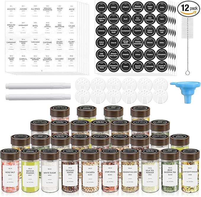 VIBRATITE 12 Pack Spice Jars with Acacia Lids, 4 oz Round Glass Jars Spice Containers Set with Labels, Pen, Funnel, Seasoning Storage Bottles with Shaker Lids for Rack, Cabinet, Drawer