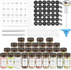 VIBRATITE 30 Pack Spice Jars with Acacia Lids, 4 oz Round Glass Jars Spice Containers Set with Labels, Pen, Funnel, Seasoning Storage Bottles with Shaker Lids for Rack, Cabinet, Drawer