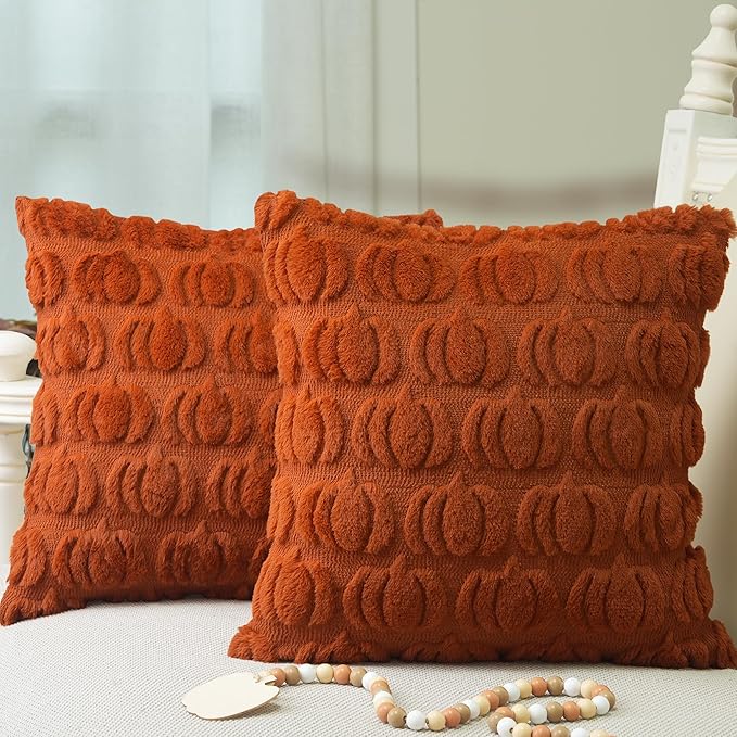 GEEORY Fall Pumpkin Throw Pillow Covers 20x20 Inch Set of 2, Autumn Soft Plush Faux Fur Wool Decorative Farmhouse Holiday Cushion Case for Home Decoration (Rust) GC001-20