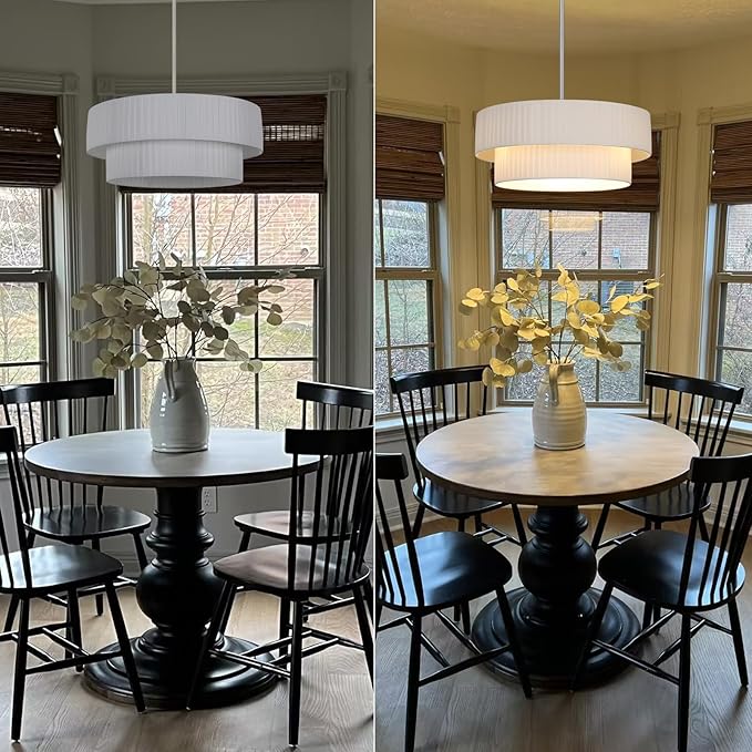 LamQee 3-Light Modern Drum Chandelier, 2-Tier Semi-Flush Mount Pendant Light Fixtures with Fabric Lampshades, 20” Hang Ceiling Lamp for Bedroom Dining Room Hotel