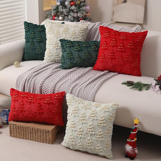Christmas Pillow Covers 20x20 inch Set of 2 Soft Plush Christmas Decor Cream White Xmax Tree Yellow Colored Lights Decoration Throw Pillow Case for Winter Holiday Sofa Living Room PT003D20