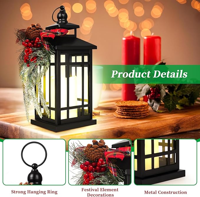 Metal Christmas Decorative Candle Lantern with Led Light,Red Plaid Ribbon,Lighted Hanging Vintage Lanterns for Home Decor Table Fireplace Porch Indoor Outdoor Decorations,Serpro