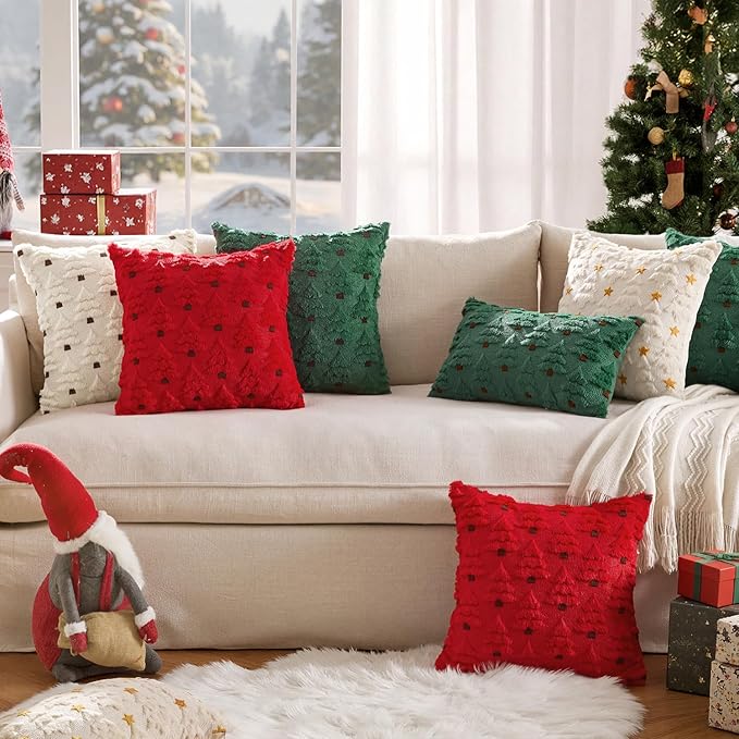 MIULEE Christmas Tree Decorative Pillow Covers Faux Fur Wool Throw Pillows Soft Plush Cushion Covers Set of 2 Xmas Home Decor Winter Holiday for Sofa Couch Livingroom Bed 18x18 Inch Dark Green