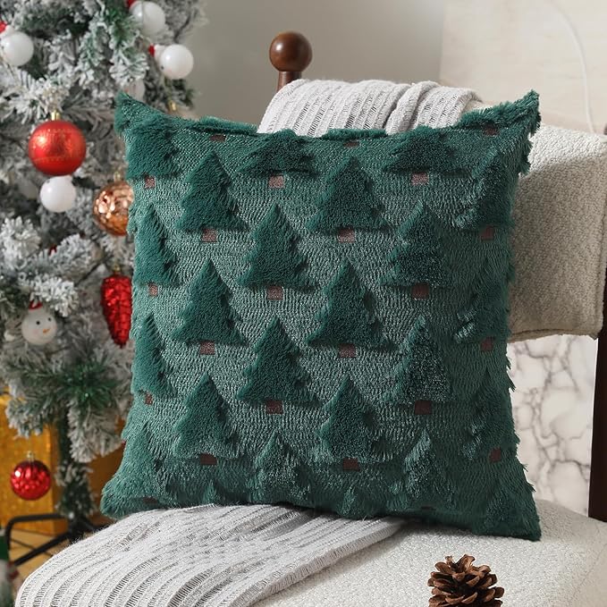 Christmas Pillow Covers 20x20 inch Set of 2 Xmas Decorations Soft Plush Faux Fur Wool Green Christmas Tree Throw Pillow Cases Winter Holiday Decor for Sofa Living Room PT-002A20