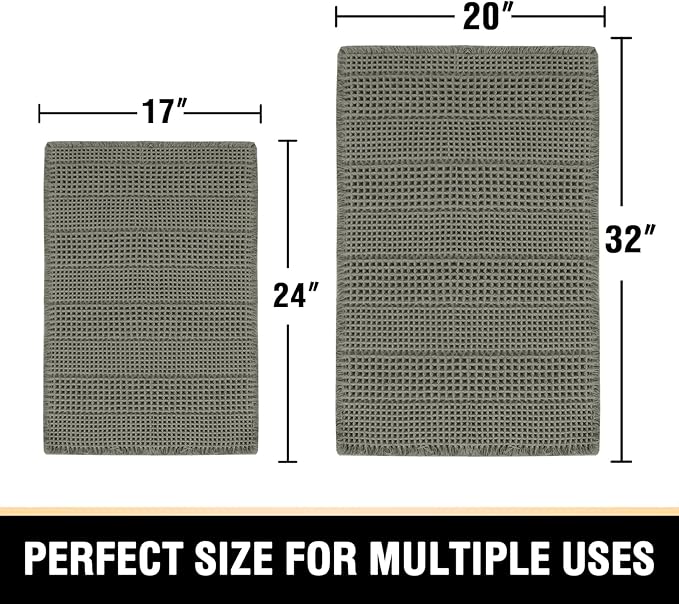 H.VERSAILTEX Waffle Bath Mat Super Absorbent Bathroom Mats Non Slip Bath Rugs for Bathroom Floor Machine Washable Ultra Soft Bathroom Rugs for Beside Tub, (32 x 20 Plus 24 x 17 - Inches, Smokey Olive)