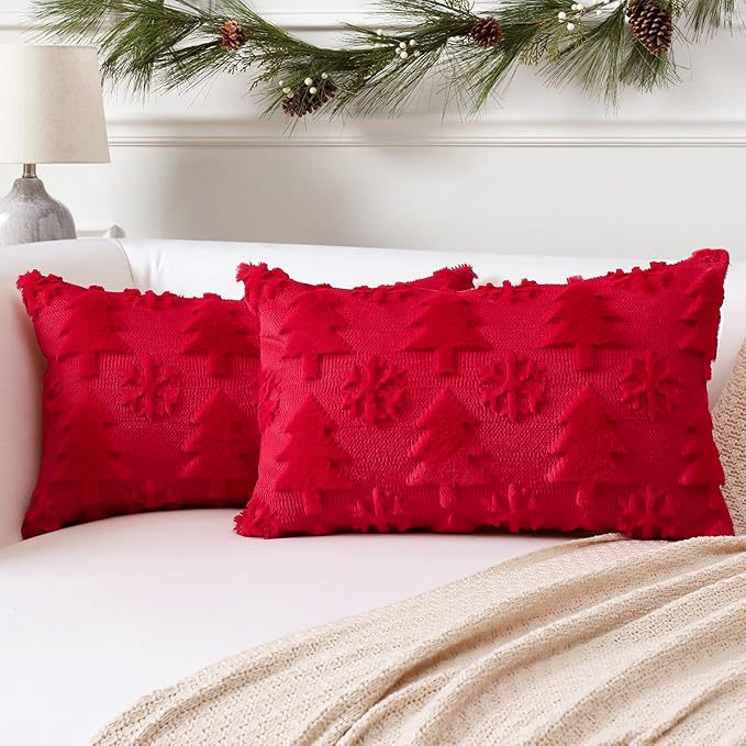 OTOSTAR Set of 2 Xmas Soft Plush Short Wool Velvet Decorative Throw Pillow Covers Rectangular Luxury Style Cushion Case Pillow Shell for Sofa Bedroom Tree and Snowflake Red, 12x20 Inch