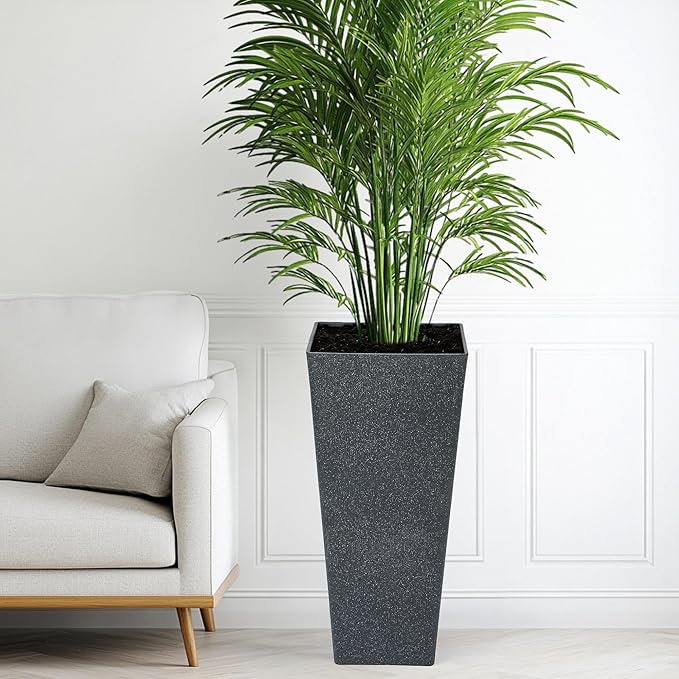 28" H Oversized Tall Planter Box for Outdoor Plants, Set of 2 Large V-Shaed Square Flower Pots, Modern Plant Container for Patio, Garden, Porch, Balcony or Indoor Home Decor, Back Terrazzo-Look