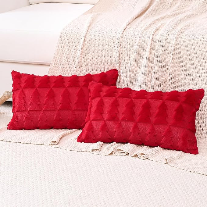 OTOSTAR Set of 2 Xmas Soft Plush Short Wool Velvet Decorative Throw Pillow Covers Rectangular Luxury Style Cushion Case Pillow Shell for Sofa Bedroom Christmas Tree Red, 12x20 Inch