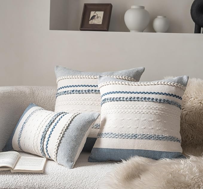 Boho Throw Pillow Covers 12x20 Inch Set of 2, Blue Textured Decorative Couch Pillow Cases for Farmhouse Home Decor, Accent Cushion Cover for Sofa, Bed, Living Room, Bedroom