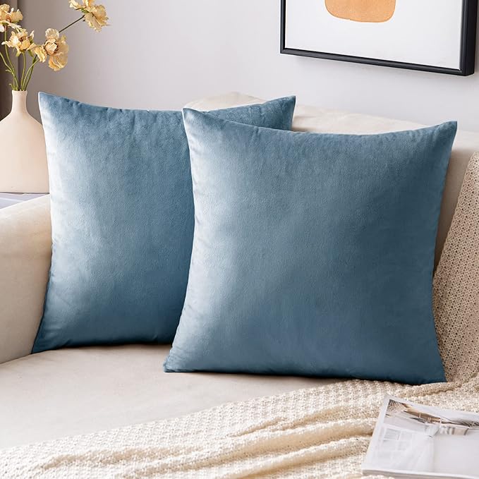 EMEMA Pack of 2 Velvet Throw Pillow Covers Decorative Square Pillowcase Soft Solid Cushion Case for Sofa Bedroom Chair Car 18x18 Inch Light Blue