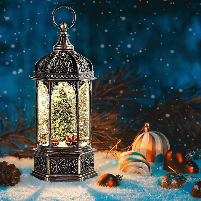 Christmas Snow Globes with Music,6H Timer Cylindrical Flashing Snow Ball,Bronze Musical Box Including 8 Songs,Glitter Snowflakes Lantern with Christmas Tree Xmas Decor Gift