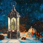 Christmas Snow Globes with Music,6H Timer Cylindrical Flashing Snow Ball,Bronze Musical Box Including 8 Songs,Glitter Snowflakes Lantern with Christmas Tree Xmas Decor Gift