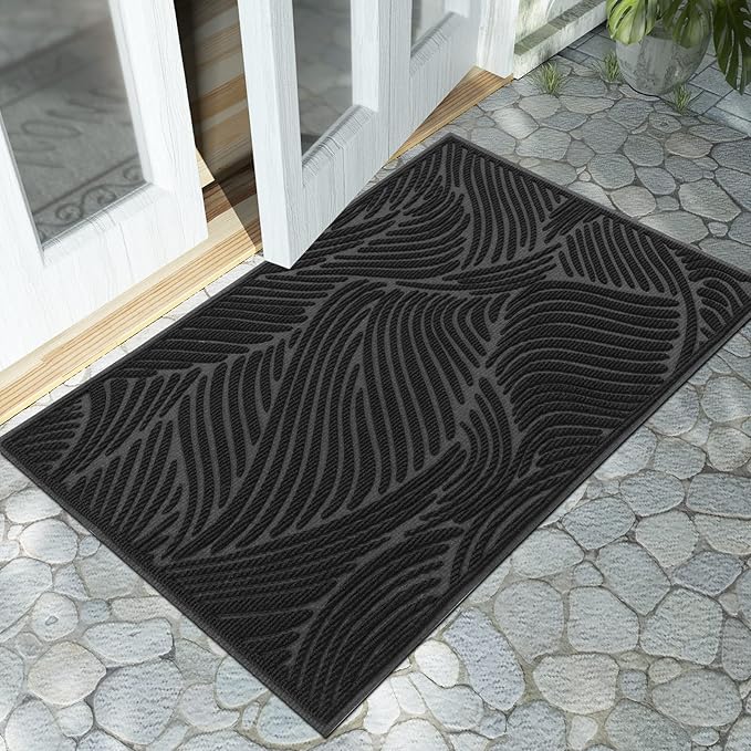 Yimobra Large Door Mat 36x24, All-Weather Waterproof Art Line Outdoor Mats for Front Door, Heavy Duty Non-Slip Welcome Matt for Garage Patio Proch Entryway Indoor, Black