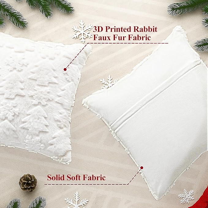 Touchat Christmas Pillow Covers 20x20, Soft Faux Rabbit Fur Throw Pillow Covers with 3D Embroidery Christmas Tree and Snowflake Design for Winter Holiday Home Decor, Couch Sofa Bedroom, White