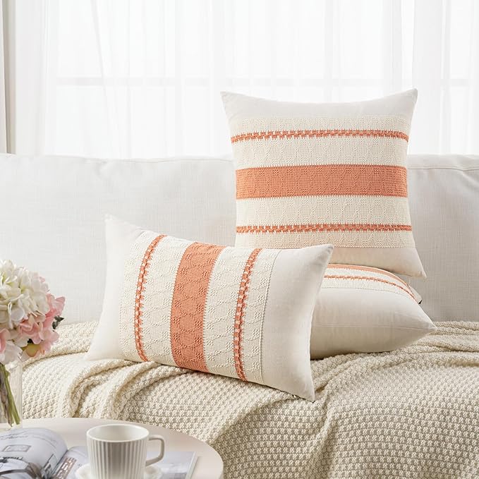 Fancy Homi Set of 2 Boho Coral Lumbar Decorative Throw Pillow Cover 12x20 Inch for Couch Bed Sofa Chair, Modern Organic Farmhouse Home Decor, Soft Cotton Cute Accent Rectangle Cushion Case