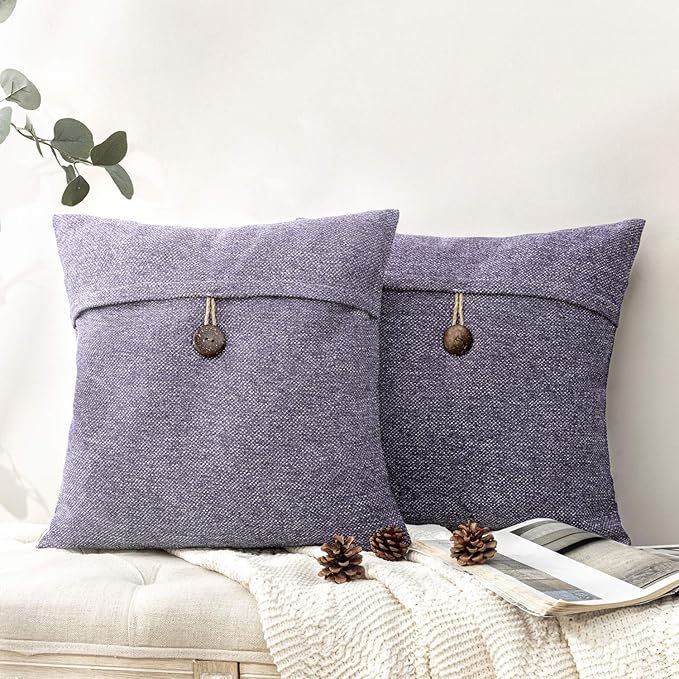 Phantoscope Pack of 2 Farmhouse Throw Pillow Covers Button Vintage Linen Decorative Pillow Cases for Couch Bed and Chair Purple 20 x 20 inches 50 x 50 cm