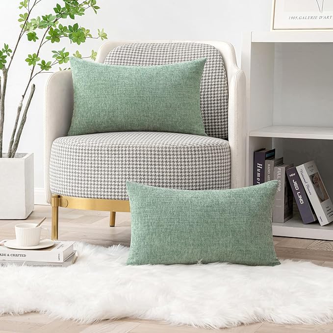 MIULEE Pack of 2 Couch Throw Pillow Covers 12x20 Inch Soft Greyish Green Chenille Pillow Covers for Sofa Living Room Solid Dyed Pillow Cases