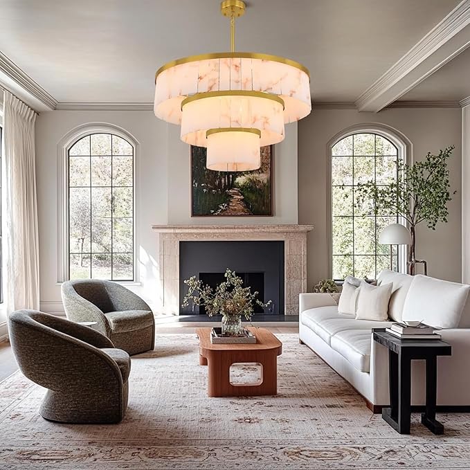 D34in Alabaster Round Chandelier, 3 Tiers Modern Marble Dining Room Chandeliers, Spanish Natural Alabaster Chandeliers, Alabaster Pendant Light Fixture, for Bedroom Entryway Foyer, Living Room