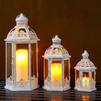 TRIROCKS Large Set of 3 Decorative Lanterns 19''&13.5''&9.5" H Vintage Hanging Lantern Metal Candleholder with Tempered Glass for Indoor Outdoor Home Decor Parties Garden(White with Grey Brush)