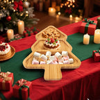 TJ POP Christmas Tree 3-Compartment Serving Platter - 12” x 9” Snack & Dessert Wooden Food Tray, Natural Bamboo Serving Tray Cute Charcuterie Board for Holiday Parties, Cheese, Fruits, Candy Display