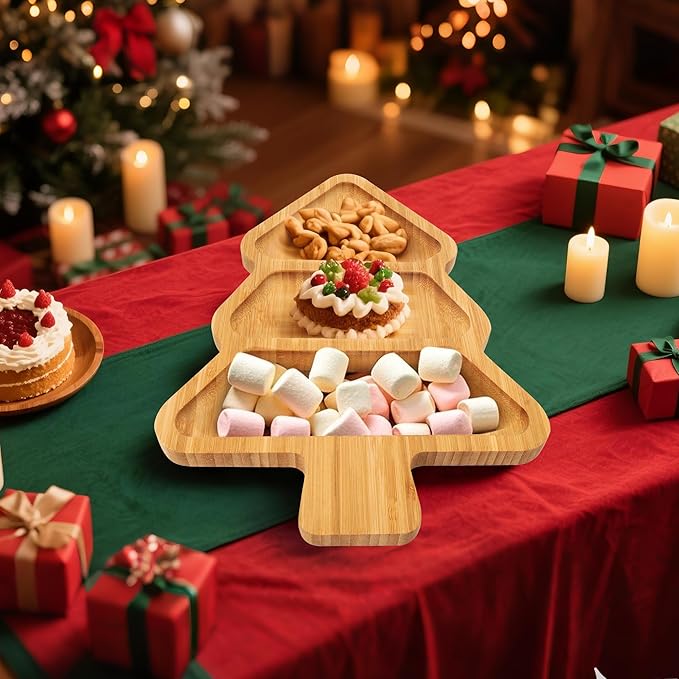 TJ POP Christmas Tree 3-Compartment Serving Platter - 12” x 9” Snack & Dessert Wooden Food Tray, Natural Bamboo Serving Tray Cute Charcuterie Board for Holiday Parties, Cheese, Fruits, Candy Display