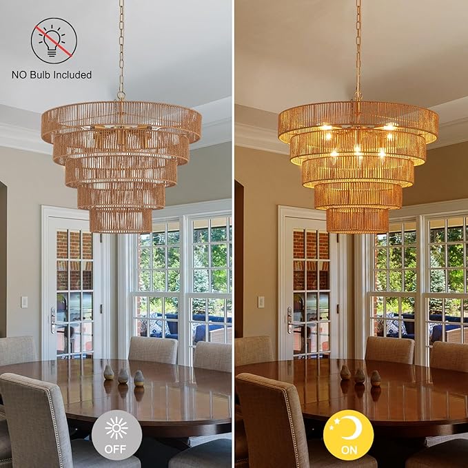 25.6" Large Rattan Chandelier Vintage Farmhouse 8-Lights Boho Hand-Woven Bamboo Chandeliers Light Fixture Drum Wicker Rattan Golden Chandelier for Dining Room, Kitchen, Living Room, Bedroom