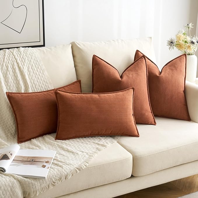 MIULEE Fall Pack of 2 Burnt Orange Decorative Pillow Covers 24x24 Inch Chenille Luxurious Couch Throw Pillows Boho Cushion Covers Euro Shams with Elegant Design for Sofa Bed Living Room Home Decor