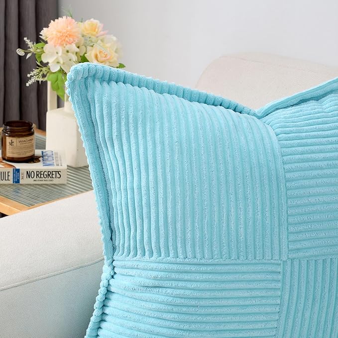 HAUSSY Light Blue Throw Pillow Covers 14x14 Inch Set of 2,Soft Solid Corduroy Striped/Wide Bordered,Square Decorative Cushion Case,Winter Home Decorations for Couch,Bed