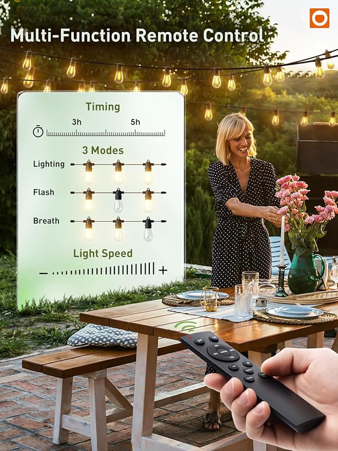addlon 50FT LED Outdoor String Lights, Remote Dimmable Patio Lights with Timer & 3 Lighting Modes, 16 Shatterproof Edison Bulbs, Waterproof Connectable String Lights for Outside Backyard Party Décor