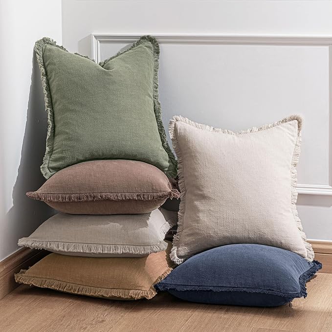 Woaboy Decorative Linen Fringe Throw Pillow Covers Boho Farmhouse Soft Cushion Covers Accent Pillowcases with Tassels Christmas Home Decor for Livingroom Couch Sofa Bed,18x18 Inch Set of 2,Olive Green