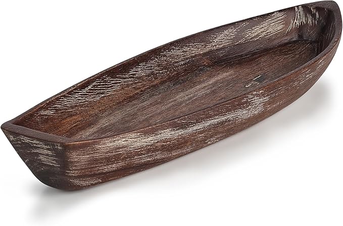 Rustic Small Wooden Serving Tray, Boat Shape Decorative Tray Vintage Centerpiece, Farmhouse Rustic Trays, Key Tray, Decorative Platter for Countertop Home Decorations- Distressed Brown。(Size S)
