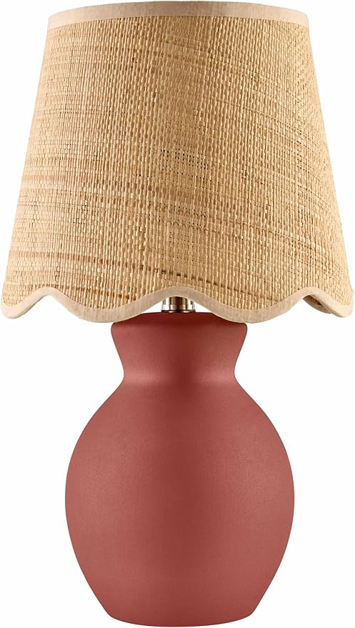 BoutiqueRugs Liliac Boho Ceramic and Jute Bedside Table Lamp for Bedroom Nightstand - End Side Lighting for Living Room - Shade Rattan - Brown, Beige - 15" H