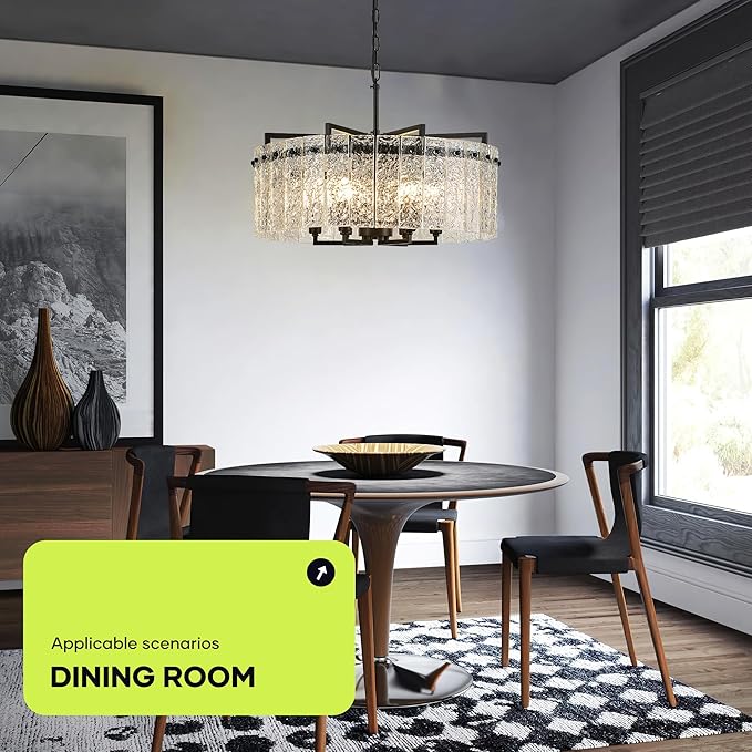 Black Crystal Chandeliers for Dining Room 6-Light, 22” Modern Water Ripple Glass Light Fixture, Farmhouse Round Lighting for Kitchen Island, Bar Table