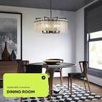 Black Crystal Chandeliers for Dining Room 6-Light, 22” Modern Water Ripple Glass Light Fixture, Farmhouse Round Lighting for Kitchen Island, Bar Table