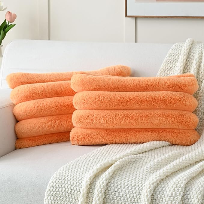 FUTEI Orange Decorative Throw Pillow Covers 12x20 Inch Set of 2, Square Soft Faux Rabbit Fur Big Striped Cushion Cover,Home Decor for Couch Sofa Bed Living Room