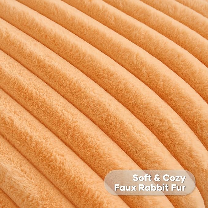 FUTEI Orange Striped Decorative Throw Pillow Covers 26x26 Inch Set of 2,Square Winter Decorations Couch Euro Pillow Shams,Soft Cozy Faux Rabbit Fur & Velvet Back,Modern Home Decor for Bed