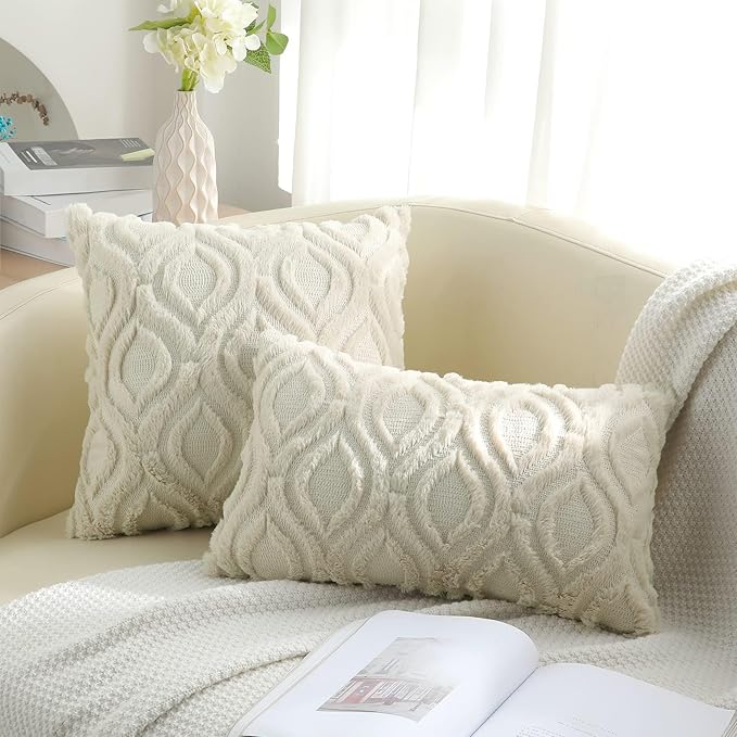 decorUhome Fall Throw Pillow Covers 24x24 Inch Set of 2, Soft Plush Decorative Faux Fur Beige Solid Couch Pillow Covers, Accent Farmhouse Neutral Square Euro Pillow Cases for Sofa Bed Living Room
