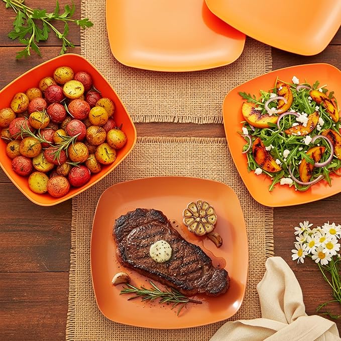 TP 10.5" Melamine Square Dinner Plates, 6-piece Plate Set Unbreakable Serving Dishes for Indoors and Outdoors, Unbreakable Dinner Service for 6, Orange