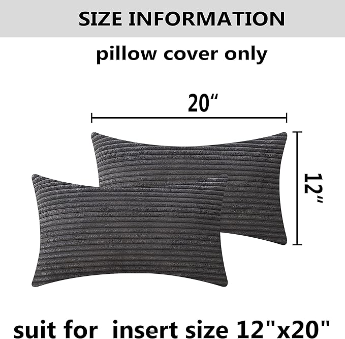 Home Brilliant Rectangle Pillow Cover 12x20 Set of 2 Decorative Plush Striped Velvet Corduroy Oblong Throw Pillows Accent Cushion Covers, 12 x 20 inch, Dark Grey