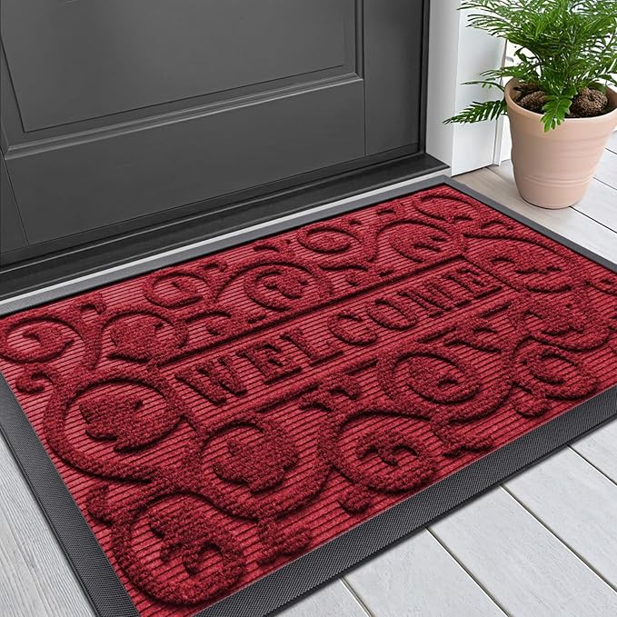 Smiry Welcome Door Mat Outside Entrance, Heavy Duty Trap Dirt and Moisture Easy Clean Low Profile Patio Porch Indoor Outdoor Front Doormat for Entry, 29.5x17 Inch, Burgundy/Welcome
