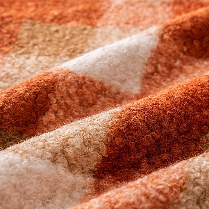 Orange Plaid Fall Throw Pillow Covers 18x18 Inch Set of 2, Boucle Decorative Pillow Covers,Cozy Fluffy Home Living Room Farmhouse Decor for Sofa Couch Bed