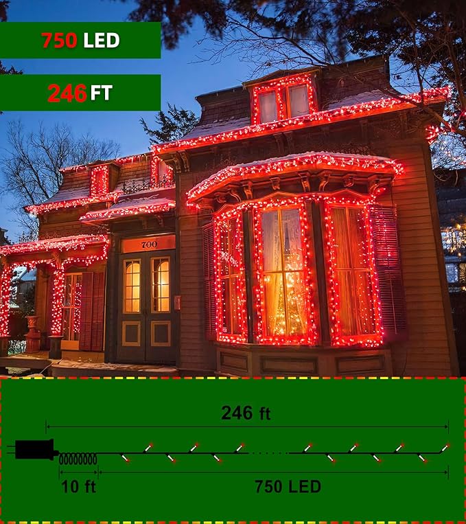 750 LED 246FT Christmas Lights Outdoor, Super Long Waterproof Christmas String Lights with 8 Modes, Christmastree Lights with Timer Memory for Fence Garden Xmas Wedding Party Decor Red