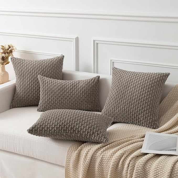 Kevin Textile Pack of 2 Corduroy Decorative Throw Pillow Covers 22x22 Inch Soft Boho Striped Pillow Covers Modern Farmhouse Home Decor for Spring Sofa Living Room Couch Bed Light Brown